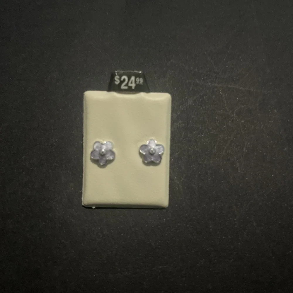 Cute Silver Enamel CZ Stone Flower Earrings  Pushback 925 Stamped‎ Studs